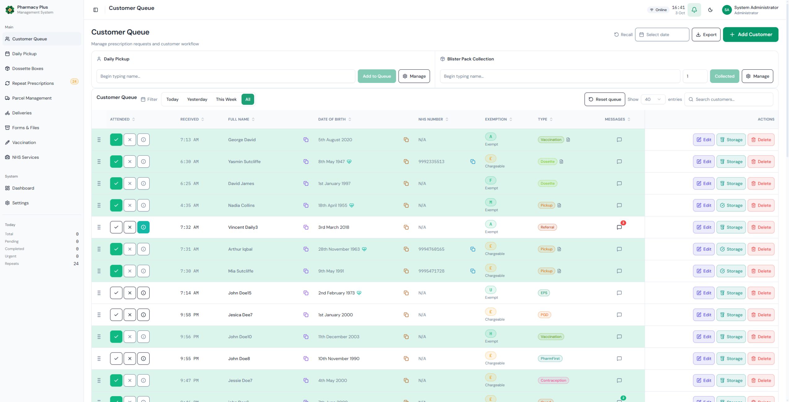 PharmacyPlus product screenshot: the shared pharmacy queue