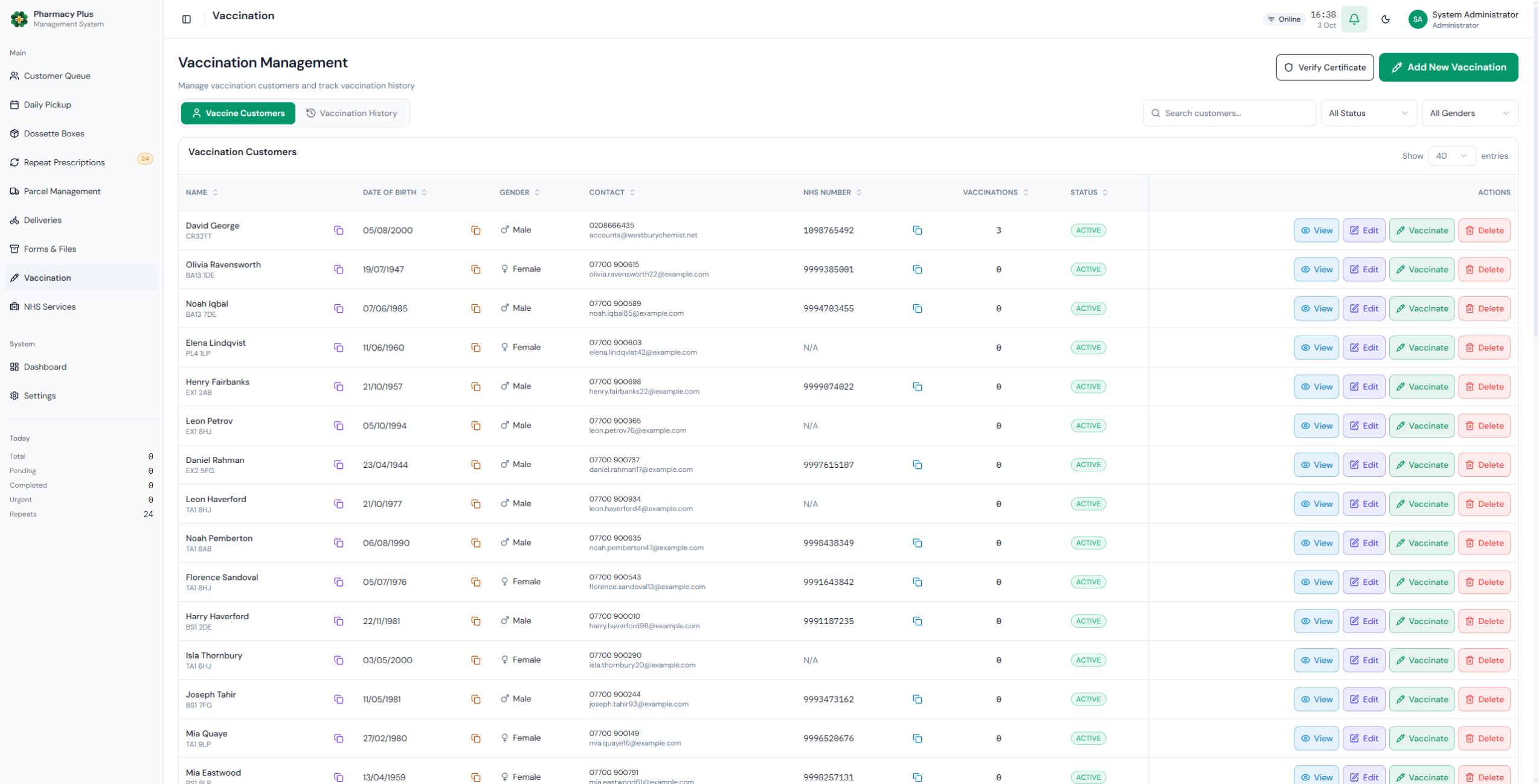 PharmacyPlus vaccination management screen